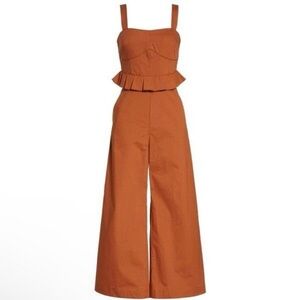 Sea New York Leia Ruffle Peplum Waist Wide Leg Crop Jumpsuit Rust 10